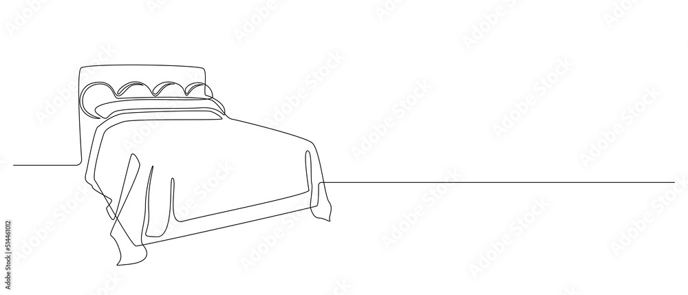 Poster continuous one line drawing of double bed in bedroom. modern cozy scandinavian inerior in simple lin
