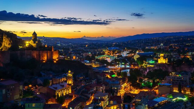 Time lapse of Tbilisi city at twilight in Georgia.