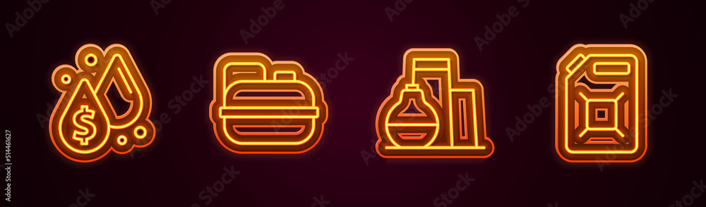 Wall mural Set line Oil drop with dollar symbol, Canister for gasoline, tank storage and . Glowing neon icon. Vector - Wall murals