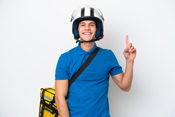 Young caucasian man with thermal backpack isolated on white background showing and lifting a finger in sign of the best