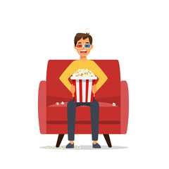 Boy watching TV with popcorn on the sofa isolated on white background. Cinema time. Home movie watching concept. Vector stock