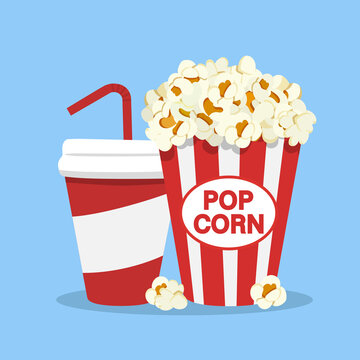 Popcorn snack and drink in flat style isolated on white backgorund. Popcorn and Soda icon. Vector stock