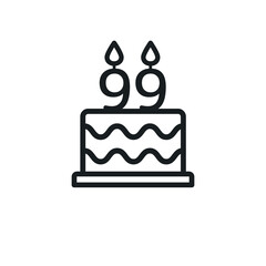 Birthday cake line icon with candle number 99 (ninety-nine). Vector.
