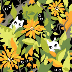 Seamless pattern with cats in the garden