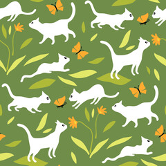 Seamless pattern with white cats walking outdoor