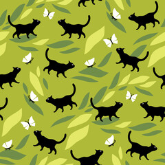 Seamless pattern with black cats walking outdoor