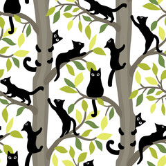 Seamless pattern with cats climbing on trees