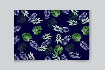 Seamless tropical pattern banner with green Mons tera palm leaves on dark background. Exotic Hawaiian fabric design.