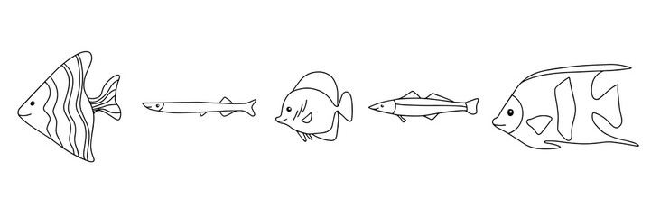 Different types of fish outline icons in set collection for design. Marine and aquarium fish bitmap symbol stock web illustration.