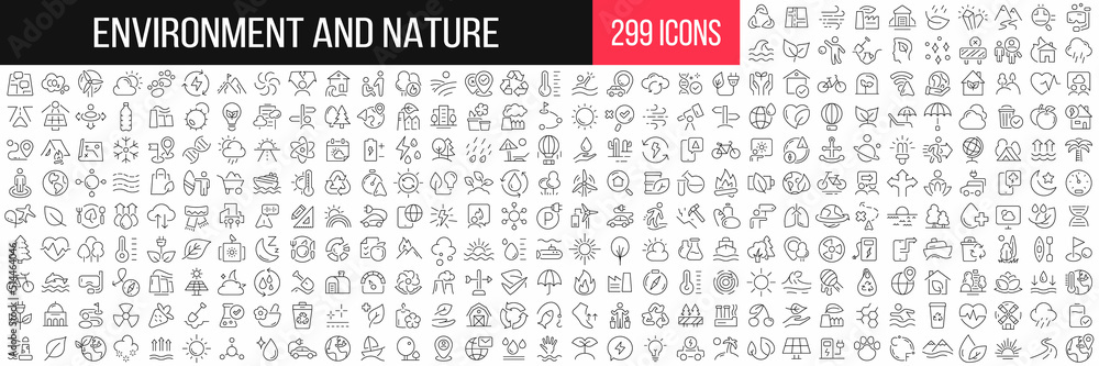 Poster environment and nature linear icons collection. big set of 299 thin line icons in black. vector illu