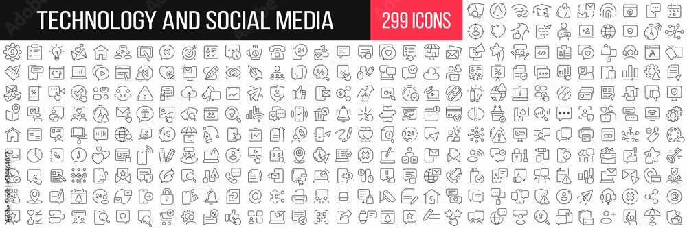 Poster technology and social media linear icons collection. big set of 299 thin line icons in black. vector