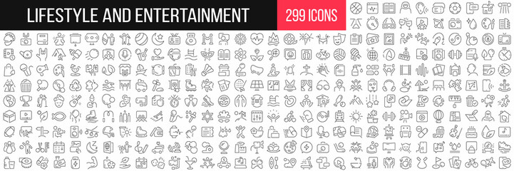 Fototapeta Lifestyle and entertainment linear icons collection. Big set of 299 thin line icons in black. Vector illustration obraz
