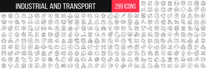Industrial and transport linear icons collection. Big set of 299 thin line icons in black. Vector illustration