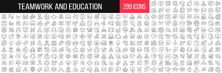 Fototapeta Teamwork and education linear icons collection. Big set of 299 thin line icons in black. Vector illustration obraz