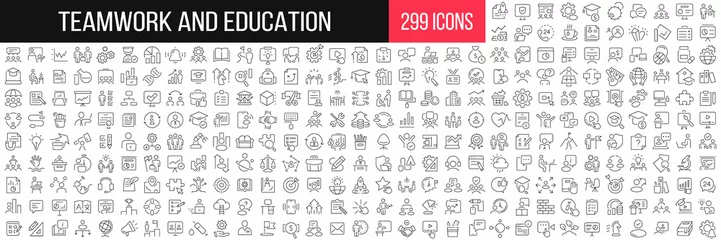 Fotobehang Teamwork and education linear icons collection. Big set of 299 thin line icons in black. Vector illustration © stas111