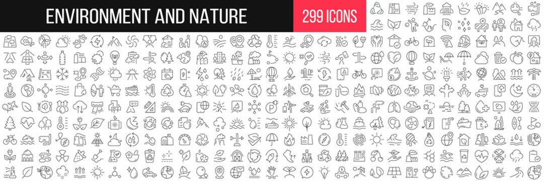 Environment and nature linear icons collection. Big set of 299 thin line icons in black. Vector illustration