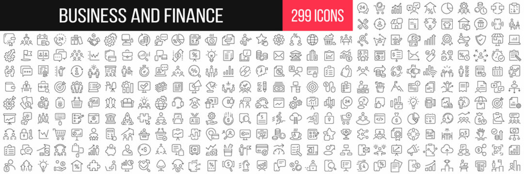 Business and finance linear icons collection. Big set of 299 thin line icons in black. Vector illustration