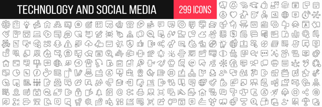 Technology and social media linear icons collection. Big set of 299 thin line icons in black. Vector illustration