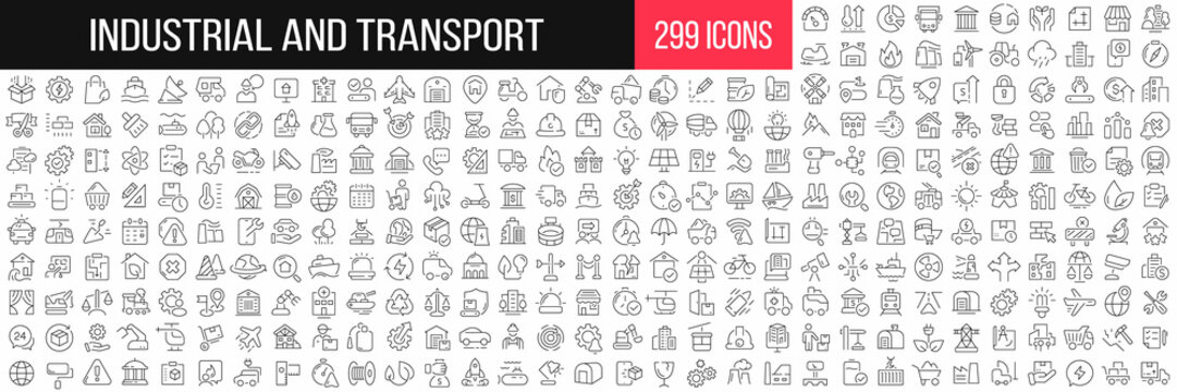 Industrial and transport linear icons collection. Big set of 299 thin line icons in black. Vector illustration