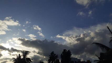 clouds over the sky with trees in the foreground, changing seasons changing weather concept
