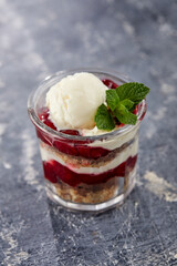 ice cream with fresh fruits and syrup