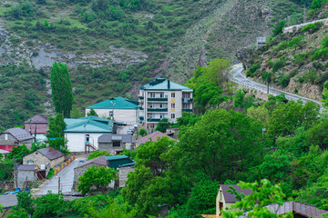village next to the highway on a mountain pass, Gunib village in Dagestan
