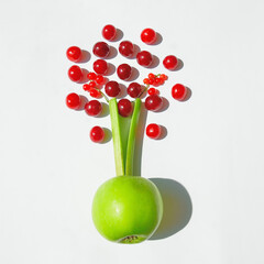 Fruit tree composition of apple, red currant, cherry and rhubarb stem on white background. Creative idea of summer fruits.