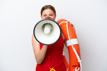 Young caucasian woman isolated on white background with lifeguard equipment and shouting through a...