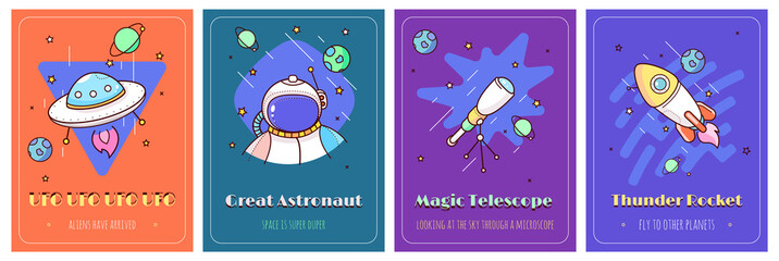vector children's background about space. Astronaut, ufo, telescope, rocket, stars and planets
