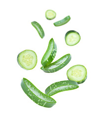 Aloe vera and cucumber slice flying in the air isolated on white background.