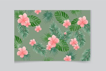 Seamless hand drawn tropical pattern with exotic palm leaves, hibiscus flowers, pineapples and various plants on dark background.
