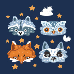 Cartoon vector illustration of Cartoon cute animals faces Owl, raccoon, fox, wolf