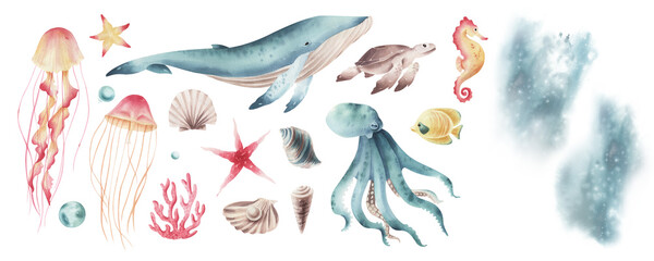 Set of watercolor marine illustrations with sea animals isolated on transparent. Watercolor marine life isolated. Hand painted set with whale.