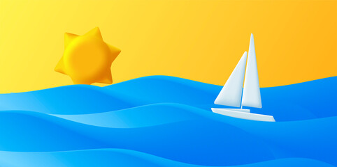 Fototapeta na wymiar 3d bright illustration, blue ocean with yacht and sun