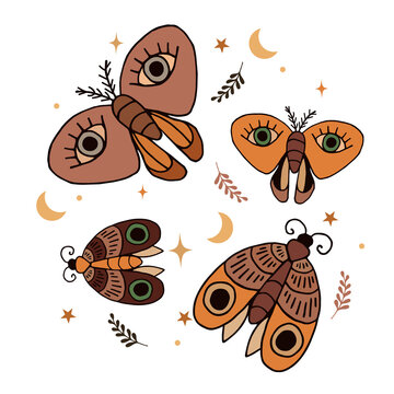 Bohemian boho butterfly decorative vector logo set. Moth wildlife alchemy icon symbol, tattoo graphic shape design, ethnic sketch.