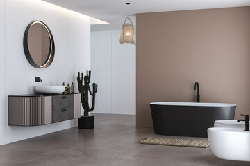 Corner of modern bathroom with white and beige walls, concrete floor, comfortable bathtub, toilet, bidet  and beautiful sink with round mirror. 3d rendering
 - obrazy, fototapety, plakaty