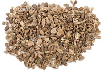 Carrot seeds isolated on a white background, top-down