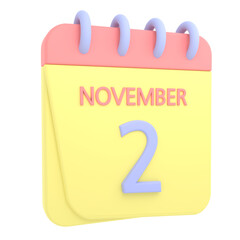 2nd November 3D calendar icon. Web style. High resolution image. White background