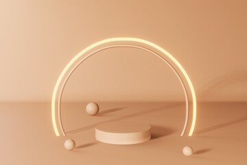 Neutral beige podium cosmetic product demonstration nude color showcase matte bubble sphere 3d render. Abstact minimal scene design composition with glowing light frame Empty place modern presentation