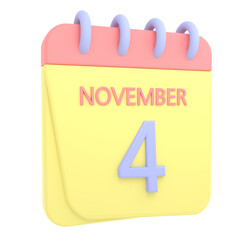 4th November 3D calendar icon. Web style. High resolution image. White background