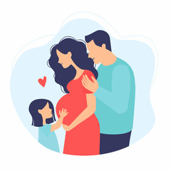 Happy young family. Dad, daughter and pregnant mother. Child hugs belly of pregnant mother. Vector illustrations