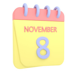 8th November 3D calendar icon. Web style. High resolution image. White background