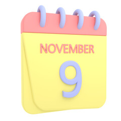 9th November 3D calendar icon. Web style. High resolution image. White background