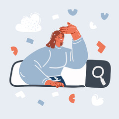 Vector illustration of Woman searching on internet, characters using search bar.