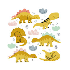 Vector poster with cute collection of dino characters, clouds, sky, dots on white. Kids nursery décor with dinosaurs. Cute dinosaurs, dragons collection
