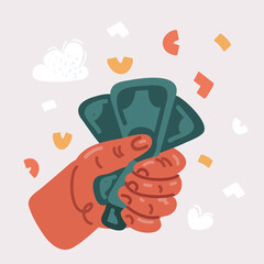 Vector illustration of Cartoon human hand gripping banknote money Person arm grabbing holding finance cash currency