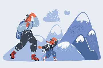Vector illustration of Mother And Daughter Hiking on mounting landscape