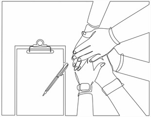 Fototapeta na wymiar Continuous one line drawing of People showing unity with their hands together. Crossed hands and agreement paper. Business team work cooperation and partnership.