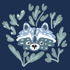 Cartoon vector illustration of Portrait of a cute funny raccoon over dark background
