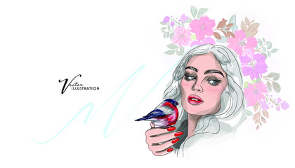 Abstract girl model face makeup drawing sketch. Beautiful young woman fashion portrait illustration.